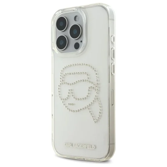 Калъф за iPhone 16 Pro Max - Karl Lagerfeld IML Rhinestones (KLHCP16XHKKHDCELT) - Transparent Karl Head