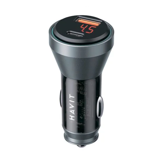 Havit - Зарядно за кола (CC2017) - Type-C, USB, 45W, 3A, Видим вътрешен структурен дизайн - Черно/Синьо