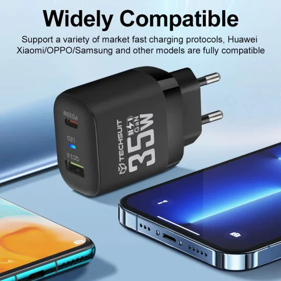 Зарядно Priza GaN, USB, Type-C, 35W - (CHPD174) - Черно