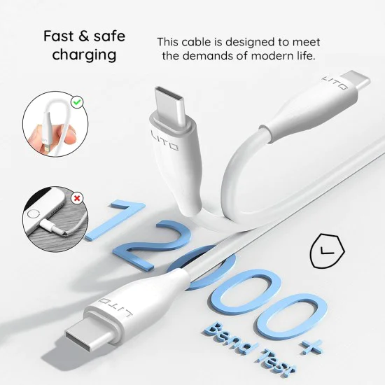 Кабел за данни с USB конектори, Type-C 60W, 1m - Lito (LD03) - Бял
