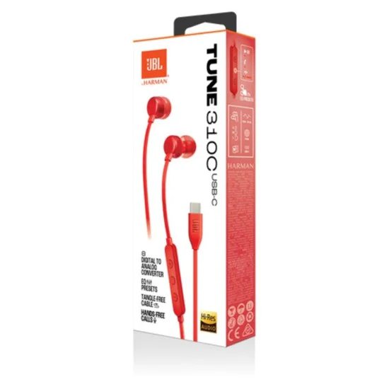 Слушалки с кабел 310C – JBL, Type-C, Hi-Res Audio, чист бас звук, 3 бутона за дистанционно управление с микрофон – червени