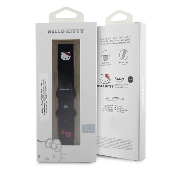 Каишка за Samsung Watch (46mm)/Watch 3, Huawei Watch GT 2/GT 3 (46mm) - Hello Kitty Strap Silicone Kitty Head (HKUWWLSCHBLK) - Черен