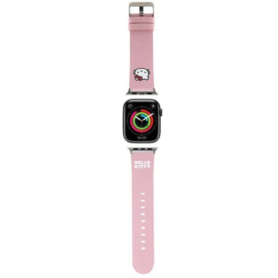 Каишка за Apple Watch 1/2/3/3/4/4/5/5/6/6/7/8/7/8/9/9/10/10/SE/SE 2 (38/40/41) /42mm) - Hello Kitty Strap Leather Kitty Head (HKAWMPMPGKHP) - Pink