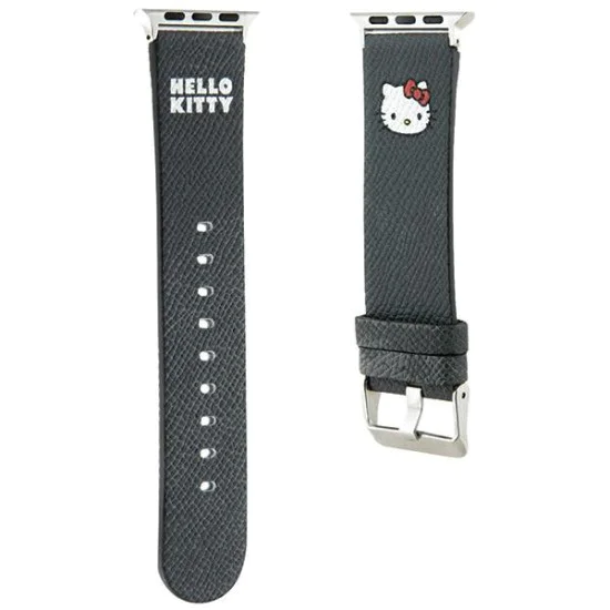 Каишка за Apple Watch 1/2/3/3/4/4/5/5/6/6/7/8/7/8/9/9/10/10/SE/SE 2 (38/40/41) /42mm) - Hello Kitty Strap Leather Kitty Head (HKAWMPMPGKKHK) - Черен