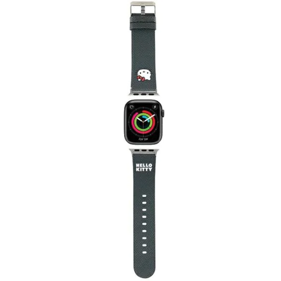 Каишка за Apple Watch 1/2/3/3/4/4/5/5/6/6/7/8/7/8/9/9/10/10/SE/SE 2 (38/40/41) /42mm) - Hello Kitty Strap Leather Kitty Head (HKAWMPMPGKKHK) - Черен