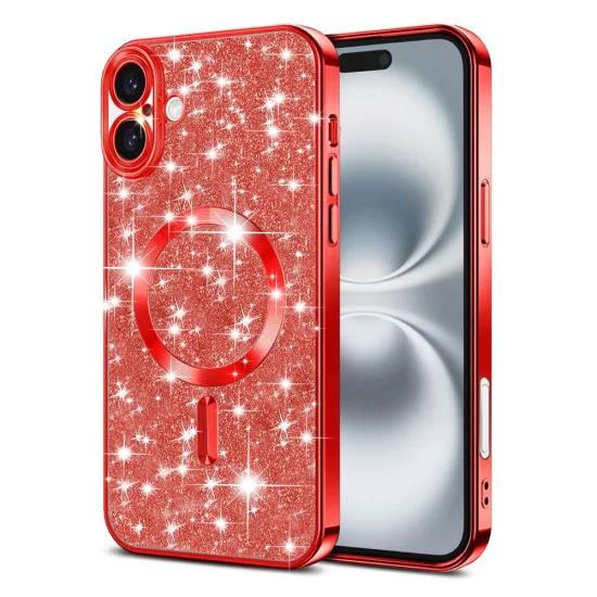 Калъф за iPhone 16 Plus - Luxury Glitter MagSafe - Червен