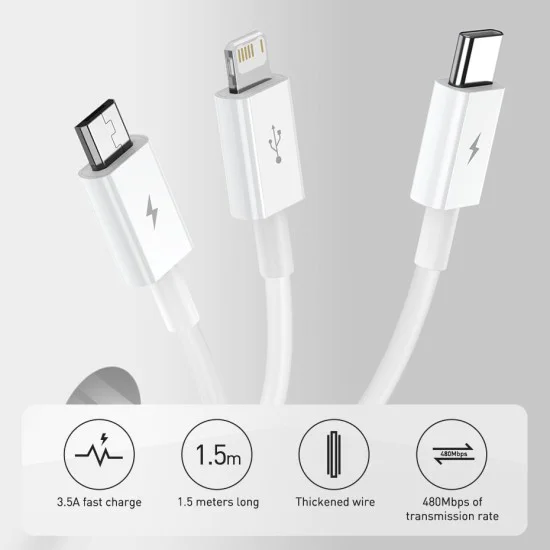 Кабел за данни USB към Type-C, Micro-USB, Lightning, Fast Charging 3.5A, 1.5m - Baseus Superior Series (CAMLTYS-03) - син