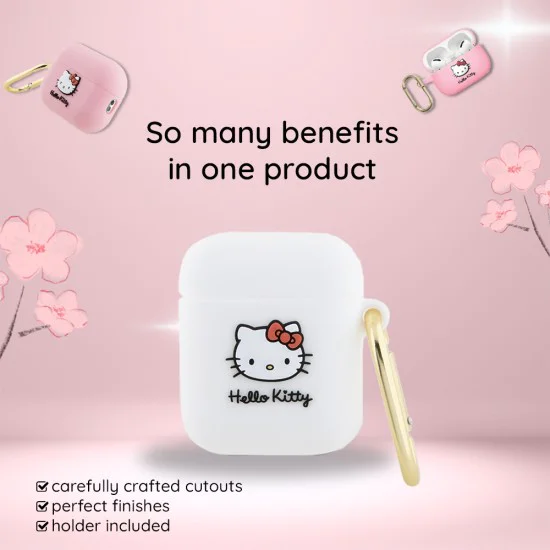 Калъф за Apple AirPods 1 / AirPods 2 - Hello Kitty Silicone 3D Kitty Head (HKA23DKHSH) - Бял