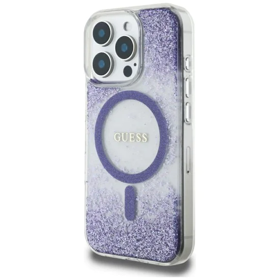 Калъф за iPhone 16 Pro - Guess - Hardcase Resin Bottom Glitter MagSafe (GUHMP16LRGRGEU) - Лилав