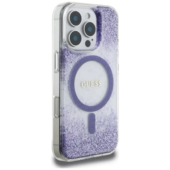 Калъф за iPhone 16 Pro - Guess - Hardcase Resin Bottom Glitter MagSafe (GUHMP16LRGRGEU) - Лилав