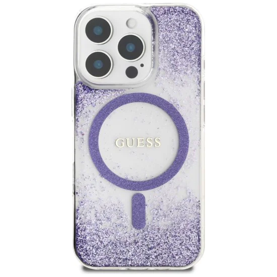 Калъф за iPhone 16 Pro - Guess - Hardcase Resin Bottom Glitter MagSafe (GUHMP16LRGRGEU) - Лилав