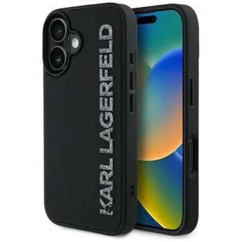 Калъф за iPhone 16 - Карл Лагерфелд - 3D дизайн (KLHCP16SRBKGVCK) - Гумено удължено блестящо лого