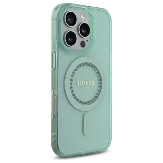 Калъф за iPhone 16 Pro - Guess IML Rhinestones MagSafe (GUHMP16LPFTDTEN) - зелен