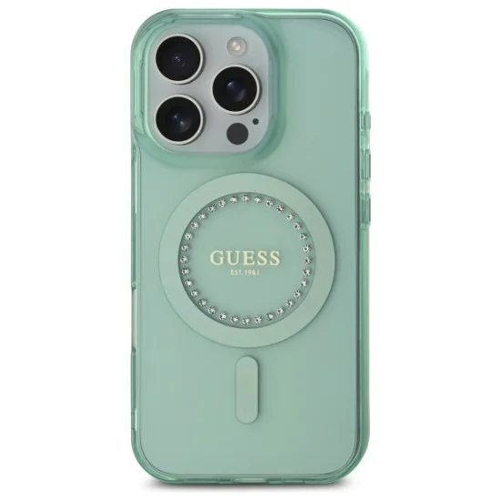 Калъф за iPhone 16 Pro - Guess IML Rhinestones MagSafe (GUHMP16LPFTDTEN) - зелен