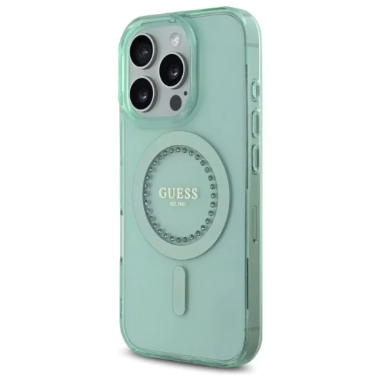 Калъф за iPhone 16 Pro - Guess IML Rhinestones MagSafe (GUHMP16LPFTDTEN) - зелен