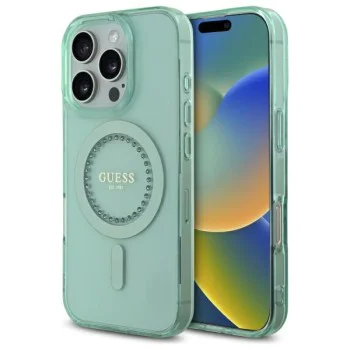 Калъф за iPhone 16 Pro - Guess IML Rhinestones MagSafe (GUHMP16LPFTDTEN) - зелен