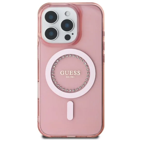 Калъф за iPhone 16 Pro - Guess IML Rhinestones MagSafe (GUHMP16LPFTDTEP) - Розов