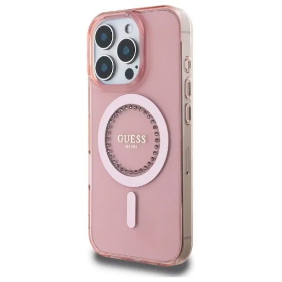 Калъф за iPhone 16 Pro - Guess IML Rhinestones MagSafe (GUHMP16LPFTDTEP) - Розов