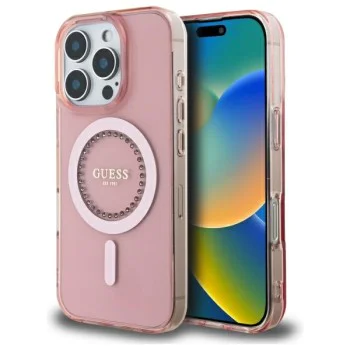 Калъф за iPhone 16 Pro - Guess IML Rhinestones MagSafe (GUHMP16LPFTDTEP) - Розов