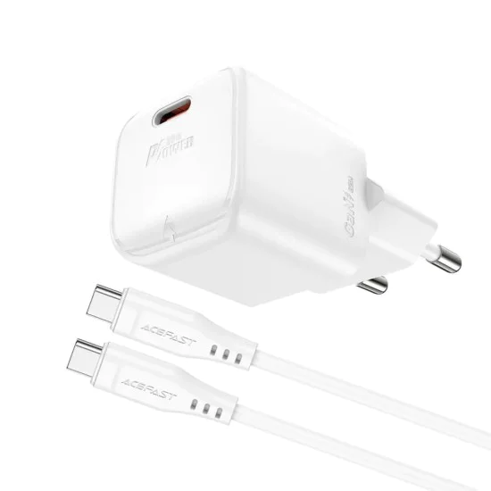 Комплект зарядно устройство за стена A77 – Acefast, с USB-C кабел, зарядно устройство Type-C Mini GaN, PD30W – бяло