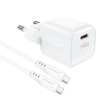 Комплект зарядно устройство за стена A77 – Acefast, с USB-C кабел, зарядно устройство Type-C Mini GaN, PD30W – бяло