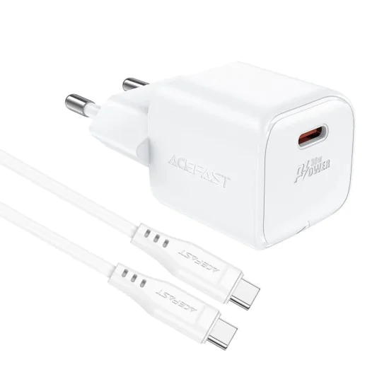 Комплект зарядно устройство за стена A77 – Acefast, с USB-C кабел, зарядно устройство Type-C Mini GaN, PD30W – бяло