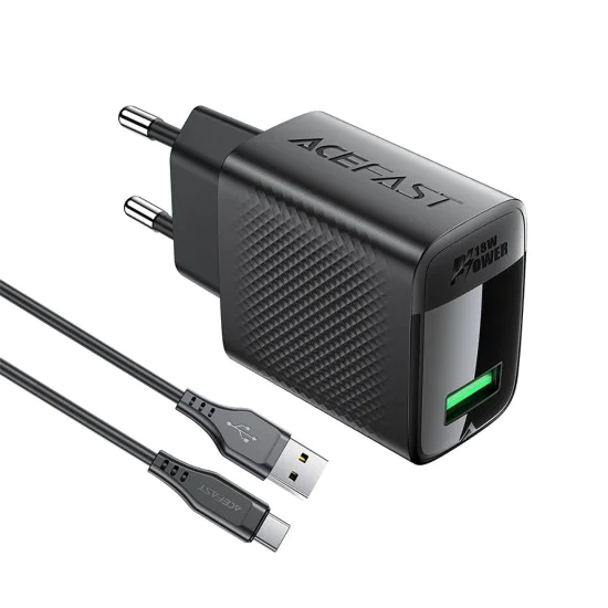 Комплект зарядно за стена A90 – Acefast, с Type-C кабел, USB, 18W, GaN технология – черно