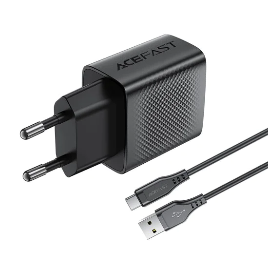 Комплект зарядно за стена A90 – Acefast, с Type-C кабел, USB, 18W, GaN технология – черно