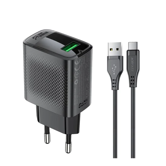 Комплект зарядно за стена A90 – Acefast, с Type-C кабел, USB, 18W, GaN технология – черно