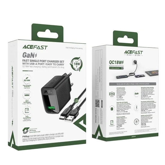 Комплект зарядно за стена A90 – Acefast, с Type-C кабел, USB, 18W, GaN технология – черно