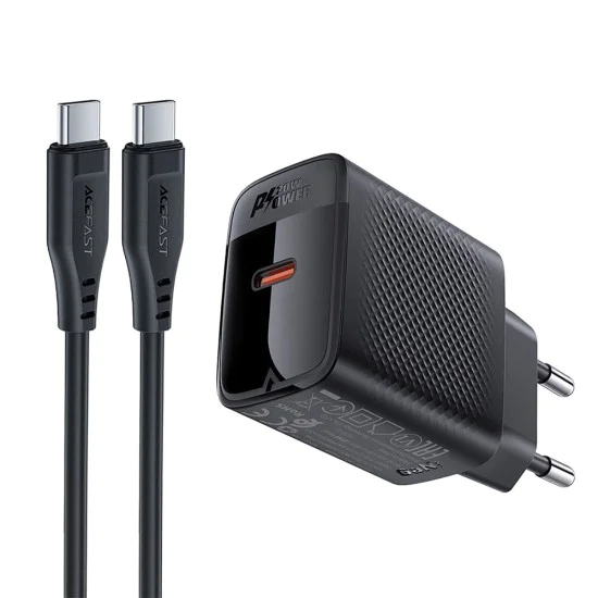 Комплект зарядно за стена A82 – Acefast, с USB-C кабел, Type-C, GaN технология, PD20W – черно