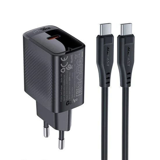 Комплект зарядно за стена A82 – Acefast, с USB-C кабел, Type-C, GaN технология, PD20W – черно