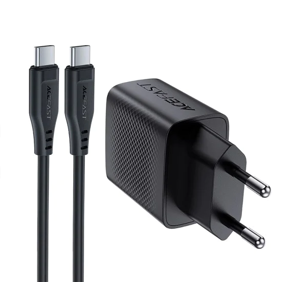 Комплект зарядно за стена A82 – Acefast, с USB-C кабел, Type-C, GaN технология, PD20W – черно