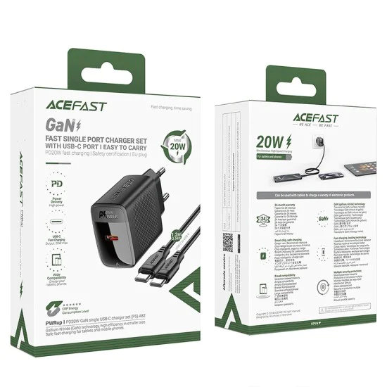 Комплект зарядно за стена A82 – Acefast, с USB-C кабел, Type-C, GaN технология, PD20W – черно