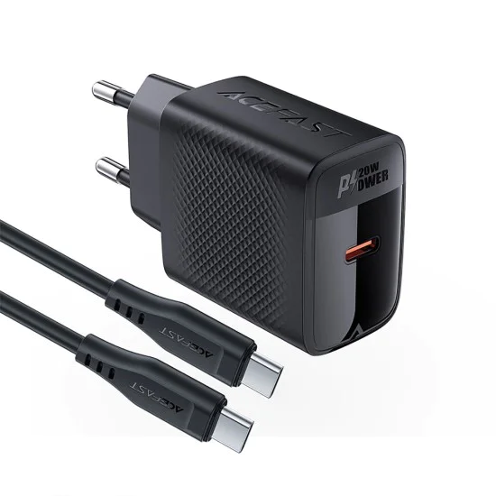Комплект зарядно за стена A82 – Acefast, с USB-C кабел, Type-C, GaN технология, PD20W – черно
