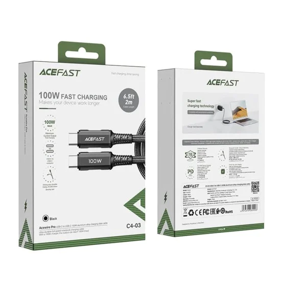 Кабел за данни C4-03 – Acefast, Type-C към Type-C, 100W, 5A, 480Mb/s, Високоскоростно зареждане, 2m – Черен