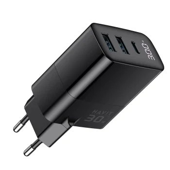 Havit - Зарядно за стена (UCLE001 EU) - 2x USB, Type-C, 30W, GaN технология - Черно