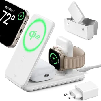 Безжично зарядно устройство 2C569 – ESR Premium Travel Set, с чанта, за iPhone, MFi Apple Watch, AirPods, Qi2 – бяло
