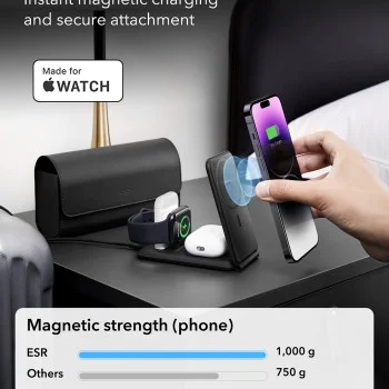 Безжично зарядно устройство 2C569 – ESR Premium Travel Set, с чанта, за iPhone, MFi Apple Watch, AirPods, Qi2 – бяло