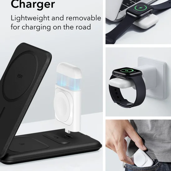 Безжично зарядно устройство 2C569 – ESR Premium Travel Set, с чанта, за iPhone, MFi Apple Watch, AirPods, Qi2 – бяло