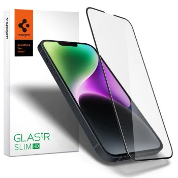 Протектор за iPhone 13 / iPhone 13 Pro / iPhone 14 / iPhone 16e - Spigen - Glas.tR Slim - Черен