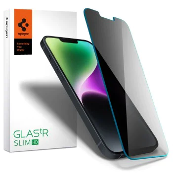 Протектор за iPhone 13 / iPhone 13 Pro / iPhone 14 / iPhone 16e - Spigen - Glas.tR Slim - Поверителност