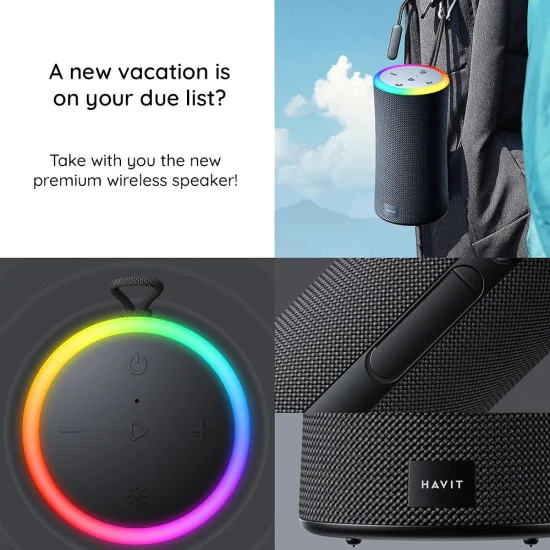 Havit - Безжична тонколона (SK833BT) - Type-C, Bluetooth 5.3, TWS, TF, USB, Hands-Free разговори, RGB светлини, IPX6, 4000mAh - Черна