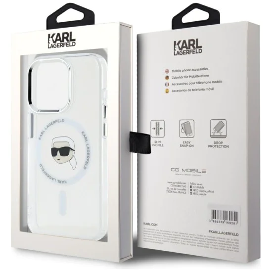 Калъф за iPhone 15 Pro - Karl Lagerfeld - IML MagSafe (KLHMP15LHLSKIH) - Бял метал Karl`s Head