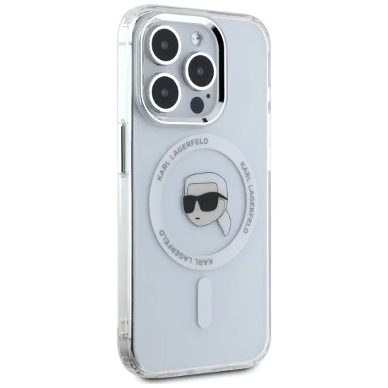 Калъф за iPhone 15 Pro - Karl Lagerfeld - IML MagSafe (KLHMP15LHLSKIH) - Бял метал Karl`s Head