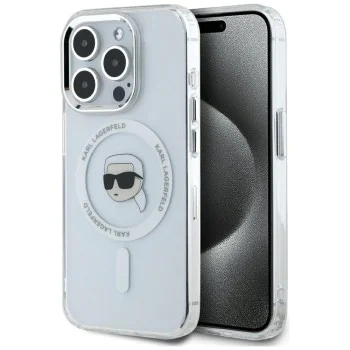 Калъф за iPhone 15 Pro - Karl Lagerfeld - IML MagSafe (KLHMP15LHLSKIH) - Бял метал Karl`s Head