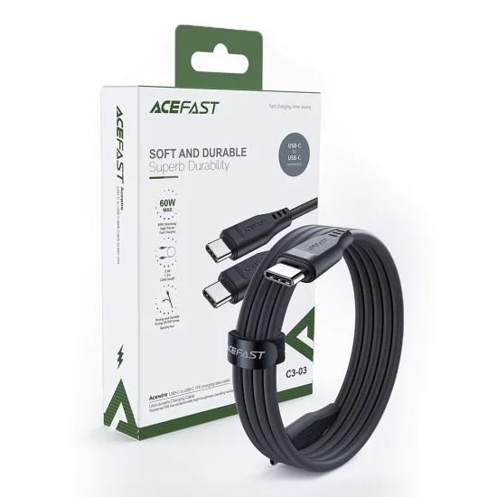 Кабел за данни C3-03 – Acefast, Type-C към Type-C, 60W, 3A, 480Mb/s, Високоскоростно зареждане, 1.2m – Черен