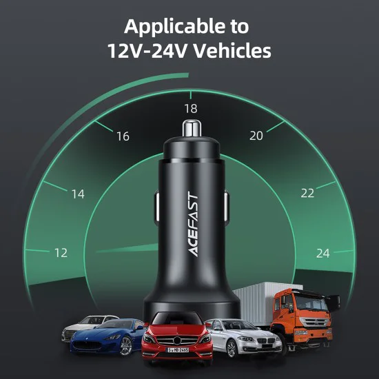 Зарядно за кола B2 – Acefast, 2x Type-C, двойно PD бързо зареждане, 72 W, вграден чип за регулатор на напрежението – черно