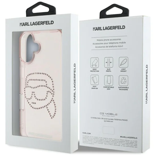 Калъф за iPhone 16 - Karl Lagerfeld - IML Rhinestones (KLHCP16SHKHDCELP) - Pink Karl Head