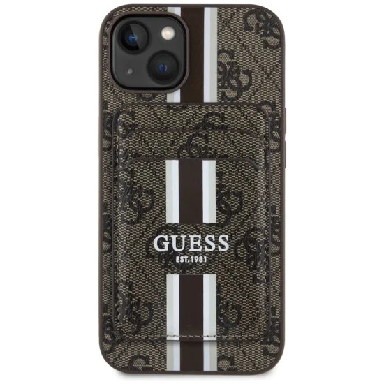 Калъф за iPhone 15 - Guess - Cardslot 4G Stripes MagSafe (GUBPHCP15SP4RPSW) - Кафяв